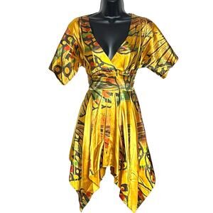 VINTAGE Y2K SATIN TUNIC DRESS TOP BY LOGOS USA YELLOW BOLD PRINT SIZE S VGUC